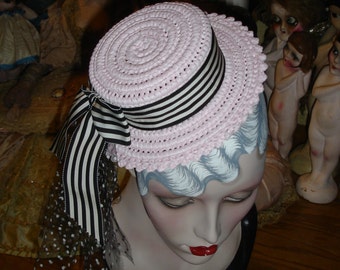 Pink Mini Straw Boater Hat Gatsby Style Pinstripe Band Polka Dot Tulle