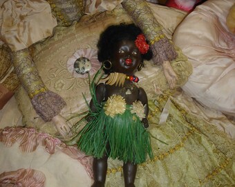 Vintage Bisque and Paper Mache Doll  Hawaiian ? African ?