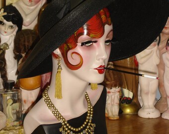 Sultry Smoking Flapper Mannequin Head Hat Stand Jewelry Display Redhead