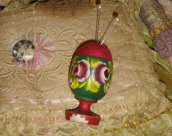 Vintage Hand Painted Wooden Egg Cup Pincushion