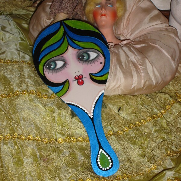 Art Deco Flapper Hand Painted Wood Hand Mirror