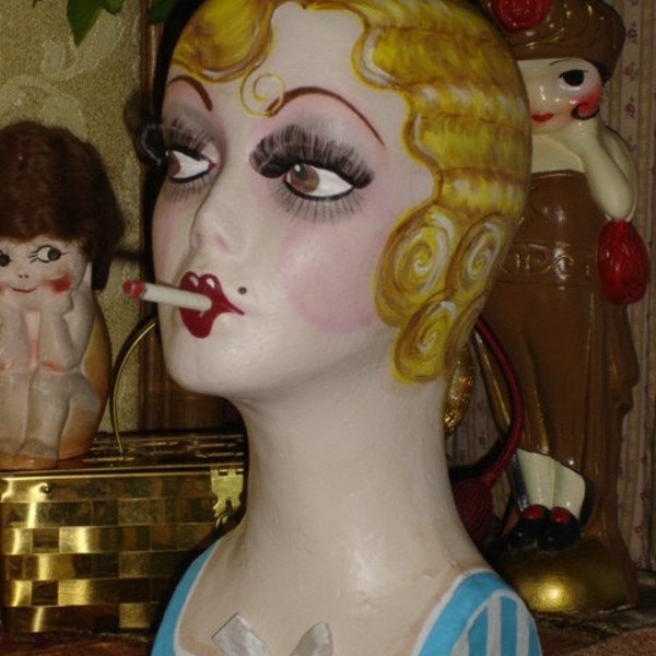 RESERVED for Sandy--Vintage Style Smoking Flapper Boudoir Doll Mannequin Head Hat/ Wig Stand Display ALWAYS Ready to Ship