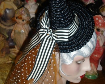 Mini Straw Witch Hat Black, White and Orange