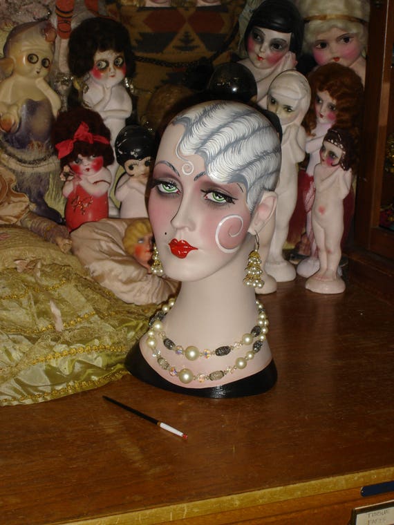 Smoking Flapper Mannequin Head Vintage Style White Haired Hat Etsy