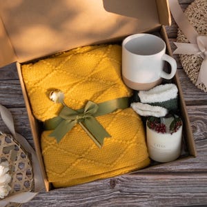 Hug in a Box, Sending Sunshine Gift, Cozy Gift Yellow Basket With Blanket, Self Care Gift Box For Women, Hygge Gift Box, Thinking Of You Box