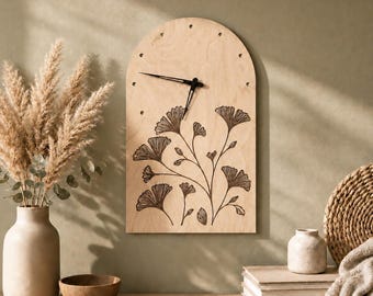 Floral Wall Clock, Botanical Decor, Ginkgo Leaf Decor, Arch Wall Clock, Boho Japandi Wall Decor, Botanical Clock