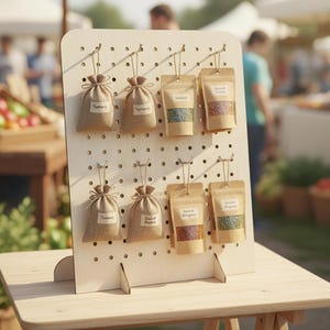 Op de afbeelding: Een houten displaystandaard op een boerenmarkt bevat kleine zakjes en zakjes met kruiden. De zakjes zijn gelabeld met "Turmeric" en "Ground Paprika", terwijl de zakjes zijn gelabeld met "Sweet Basil", "Smoked Oregano" en "Italian Herbs". De display staat op een houten tafel.