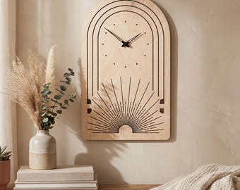 Boho Wall Clock, Wooden Plywood Clock, Arch Wall Clock, Sunburst Clock, Japandi Wall Decor, Minimalist Boho Decor
