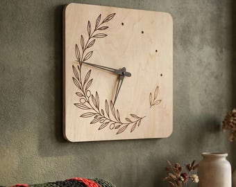 Floral Wall Clock, Wooden Botanical Clock, Plywood Wall Clock, Square Boho Clock, Nature Wall Decor, Housewarming Gift