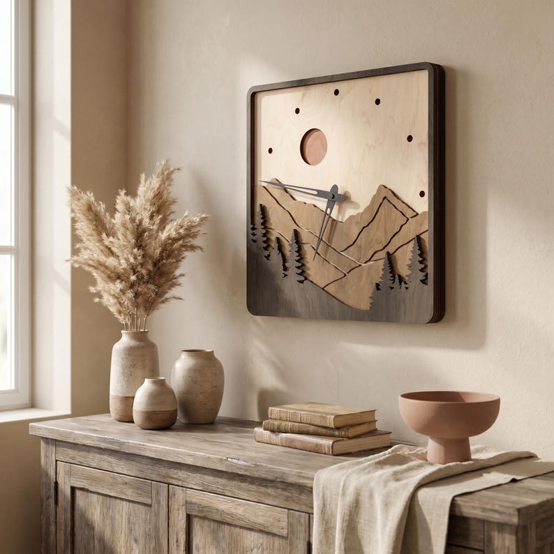 May include: A square wooden wall clock with a mountain scene. The clock features a dark brown frame, a light brown background, and a cut-out design of mountains and trees. The clock hands are black. The clock is mounted on a beige wall.