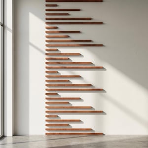 May include: A series of wooden shelves of varying lengths are mounted on a white wall. The shelves are a warm brown color and cast shadows. The arrangement is modern and minimalist, with a window and concrete floor in the background.