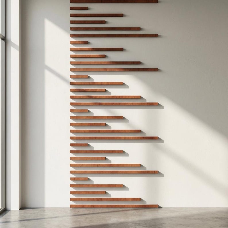 May include: A series of wooden shelves of varying lengths are mounted on a white wall. The shelves are a warm brown color and cast shadows. The arrangement is modern and minimalist, with a window and concrete floor in the background.