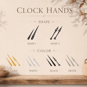 May include: Image showcasing clock hands in various shapes and colors. The text "CLOCK HANDS" is at the top. Shapes 1 and 2 are displayed in black. Colors include gold, white, black, and silver. The hands are on a wooden surface.