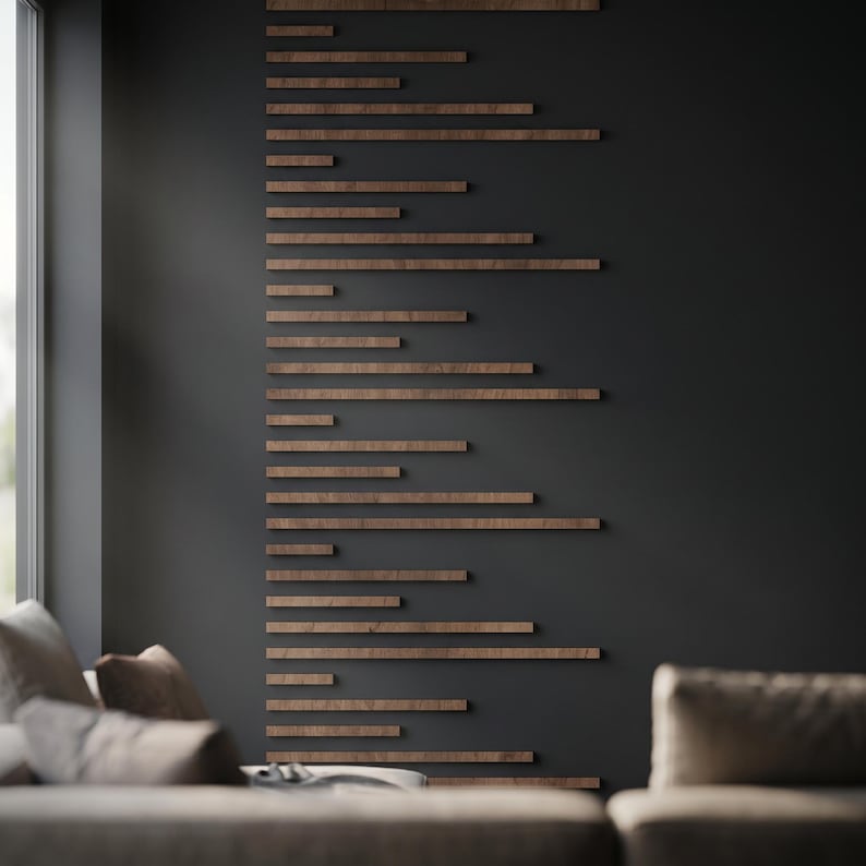 May include: A dark gray wall with a series of horizontal wooden planks of varying lengths. The planks are a warm brown color and are arranged in a staggered pattern. The wall is in a room with a window and a sofa.