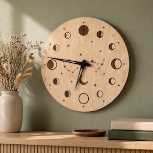 Relógio de parede em forma de lua, relógio de fases da lua em madeira, decoração celestial de parede, relógio redondo de madeira compensada, decoração boho para quarto de bebê, presente astrológico