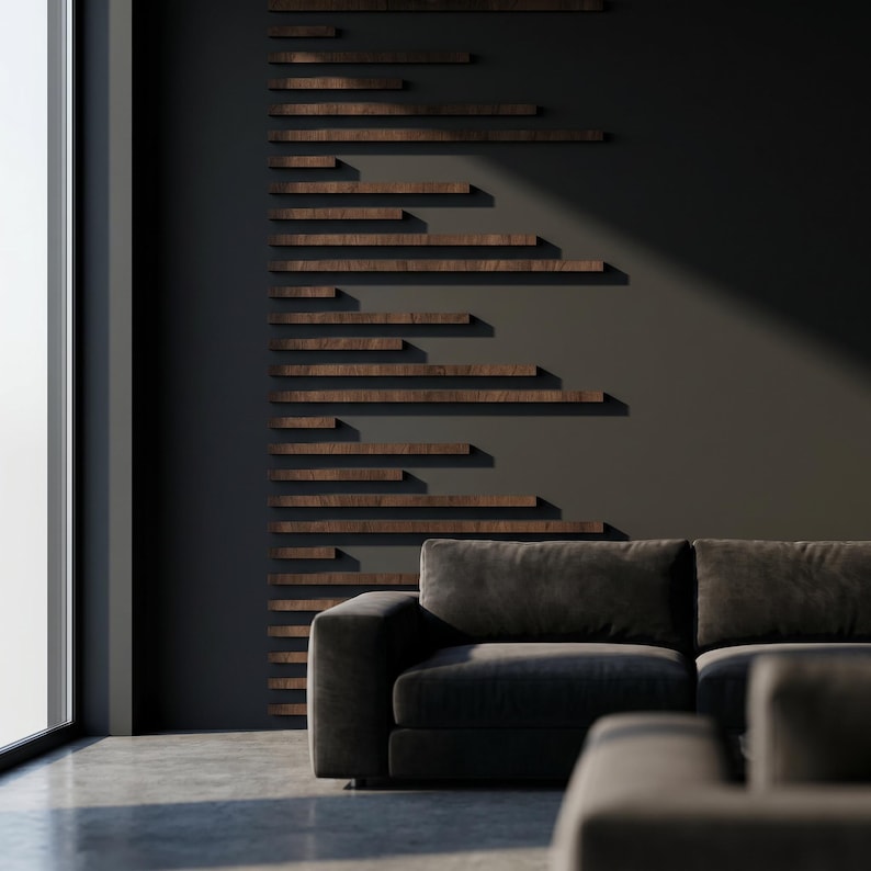 May include: A modern living room featuring a dark gray sofa and a wall with horizontal wooden shelves. The shelves are arranged in a staggered pattern, creating a unique design element. The room has a large window, allowing natural light to illuminate the space.
