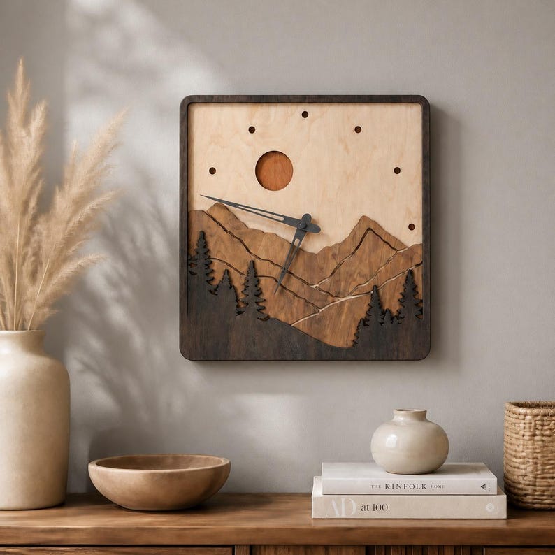 Mountain Wall Clock, Landscape Wood Clock, Nature Wall Decor, Rustic Cabin Clock, Forest Landscape Clock, Mountain Decor image 10