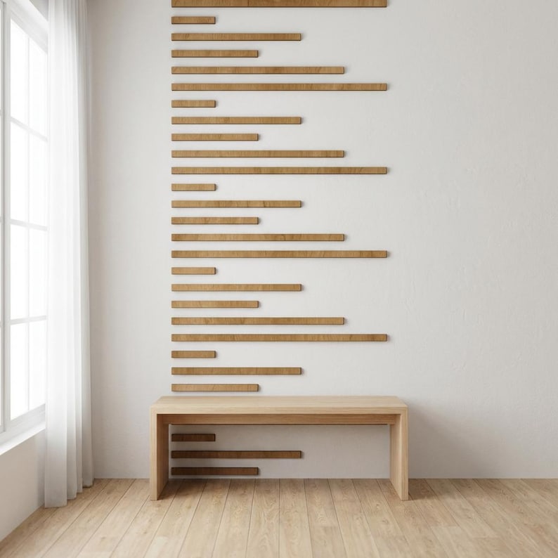 May include: A minimalist interior design featuring a light wood bench and a series of horizontal wooden planks mounted on a white wall. The planks vary in length and are arranged in a staggered pattern, creating a modern aesthetic. The room has a natural light from a window.