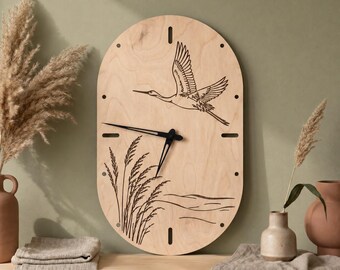 Crane Bird Wall Clock, Wood Plywood Clock, Crane Bird Decor, Japandi Wall Clock, Boho Nature Clock, Minimalist Wall Decor, Nature Lover Gift