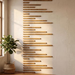 Puede incluir: Estanterías de pared de madera de diferentes longitudes montadas en una pared de color claro. Las estanterías están dispuestas verticalmente, creando un diseño moderno y minimalista. Una planta en maceta en una cesta tejida está cerca de una ventana.