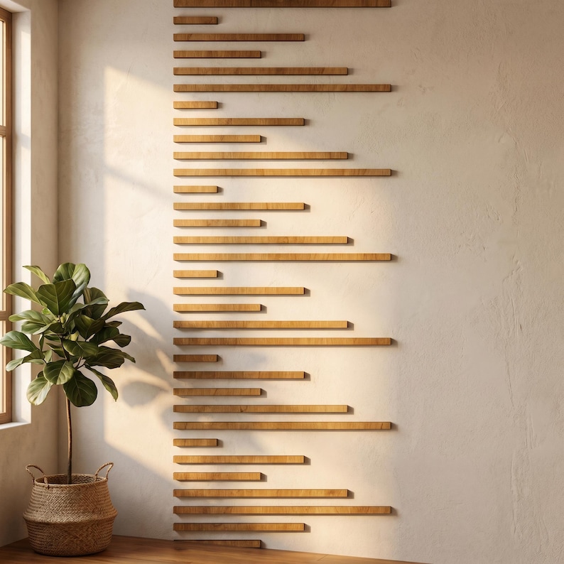 May include: Wooden wall shelves of varying lengths are mounted on a light-colored wall. The shelves are arranged in a vertical pattern, creating a modern, minimalist design. A potted plant in a woven basket sits near a window.