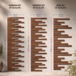 May include: Three sets of wooden slat panels in varying widths. The narrowest set has 60 slats, the next has 45, and the widest has 35. Each set is 35.43 inches wide (900 mm) and between 102.36 and 105.71 inches tall (2600-2685 mm).