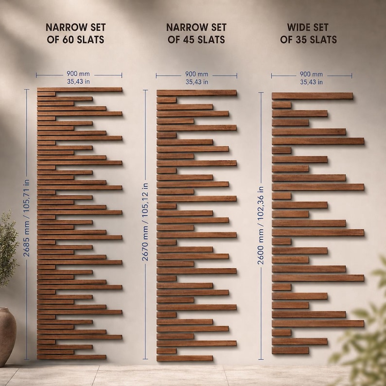 May include: Three sets of wooden slat panels in varying widths. The narrowest set has 60 slats, the next has 45, and the widest has 35. Each set is 35.43 inches wide (900 mm) and between 102.36 and 105.71 inches tall (2600-2685 mm).