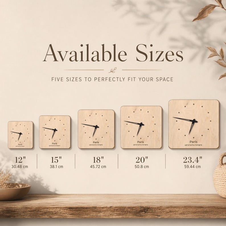 May include: A display of five square wooden clocks, each with black hands and a minimalist design. Sizes range from 12 inches (30.48 cm) to 23.4 inches (59.44 cm), with the word "Paris" and coordinates on each clock face.