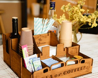Coffee station organizer, Desktop Coffee and Tea organizer, Coffee bar stand, Kitchen coffee station, Cafe countertop storage wooden
