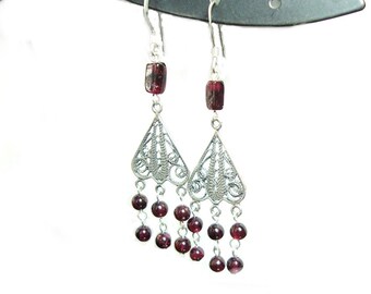 Boucles d'oreilles crochet français en argent sterling lustre grenat