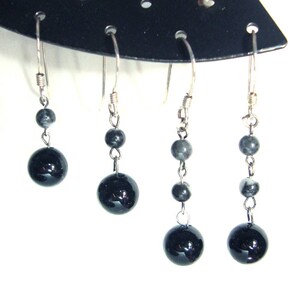 Obsidian beaded sterling silver dangle earrings
