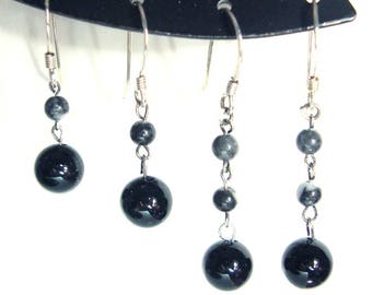 Obsidian beaded sterling silver dangle earrings