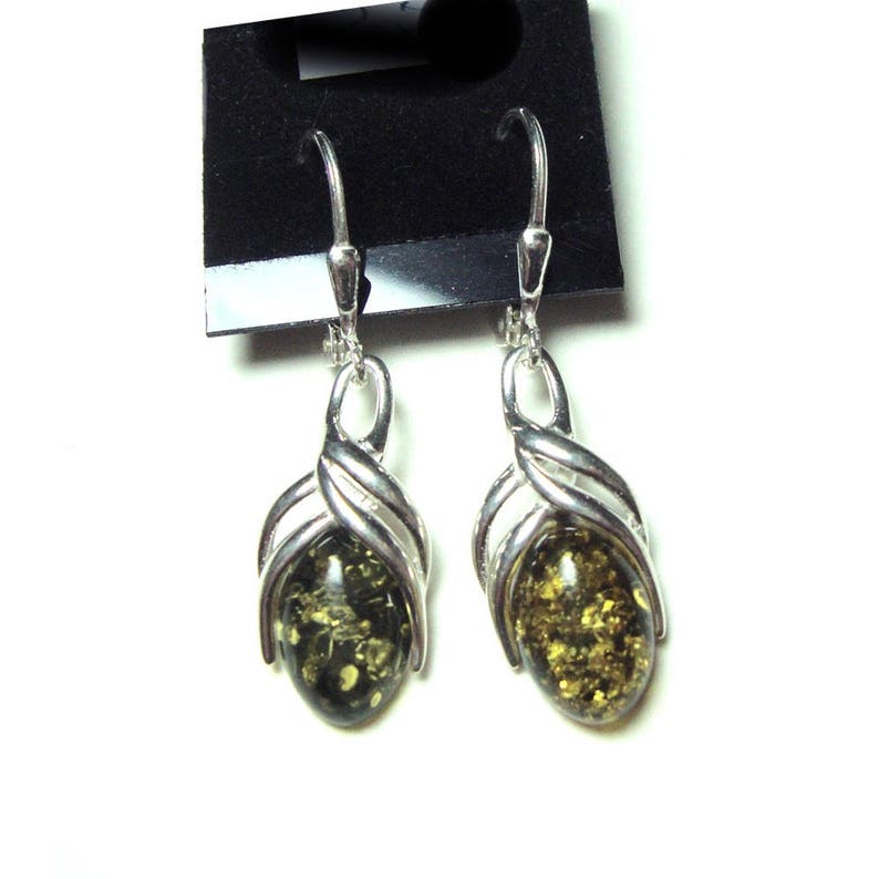 Green amber dange lever back earrings image 1