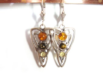 Amber sterling silver lever back dangle earrings