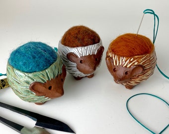 Hedgehog Pincushion handmade ceramic and needle felted wool