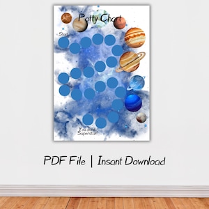 Puede incluir: Un gráfico de entrenamiento para ir al baño con un fondo de galaxia en acuarela e ilustraciones de planetas. El gráfico tiene círculos azules para rastrear el progreso y se muestran las palabras "Potty Chart", "Start" y "You did it, Superstar!". También es visible el texto "PDF File | Instant Download".