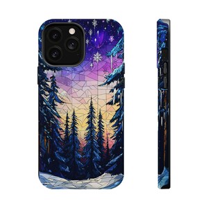 Custodia MagSafe per iPhone 16 15 14 13 / Custodia MagSafe per iPhone in vetro colorato con scena di foresta invernale