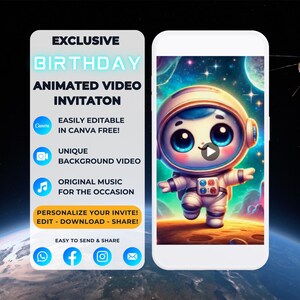 Geanimeerde astronaut verjaardagsuitnodiging | Bewerkbare ruimtethemakaart | Canva Digital Space Evite | Aangepaste feestuitnodiging