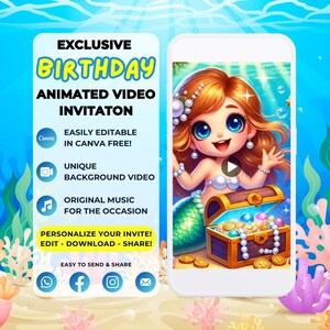 Invitación animada de cumpleaños de sirena / Tarjeta editable bajo el mar / Ocean Party Evite / Invitación de vídeo personalizada de Canva