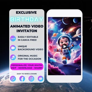 Geanimeerde astronaut verjaardagsuitnodiging | Videokaart met ruimtethema | Bewerkbare digitale uitnodiging | Canvassjabloon | Aanpasbare directe download