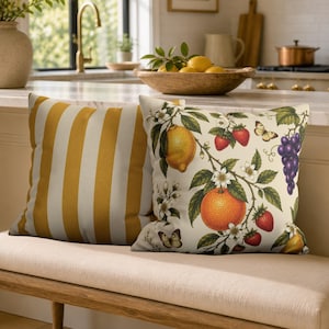 Botanical Fruit Pillow Cover, Wildflower Citrus Cushion, Vintage Orange Lemon Design, Yellow Striped Farmhouse Home Decor