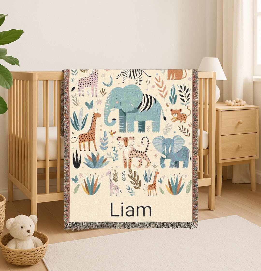 Personalized Jungle Safari Baby Blanket, Custom Woven Name Blanket With ...