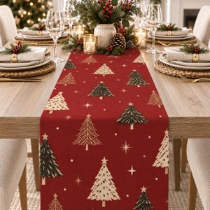 Red Holiday Table Runner with Vintage Christmas Trees
