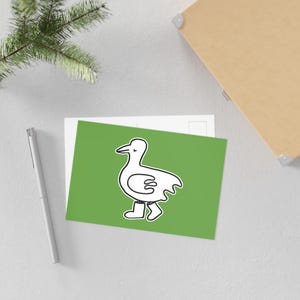 Postal divertida de pato con botas: tarjeta artística de pájaro verde, papelería minimalista de animales, mini impresión caprichosa, decoración para habitación infantil