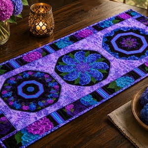 Midnight Blooms Stripe Table Runner Pre-Cut Kaleidoscope Kit – Quilted Table Runner Kit, Pre-Cut DIY Quilting Kit – Handmade Look Home Décor