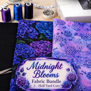 Midnight Blooms 1.5 Yard Fabric Bundle | Purple Blue Hydrangea Fabric | Quilt Fabric Bundle | Floral Cotton Fabric | Precut Fabric Bundle