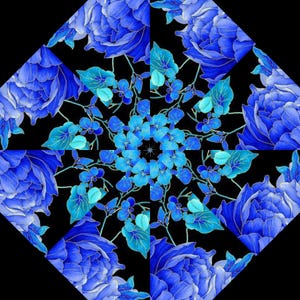 May include: A kaleidoscopic pattern featuring vibrant blue and cyan floral motifs arranged in a symmetrical, radial design against a solid black background. The image displays repeating clusters of large, layered peony-like blossoms and small leaves.