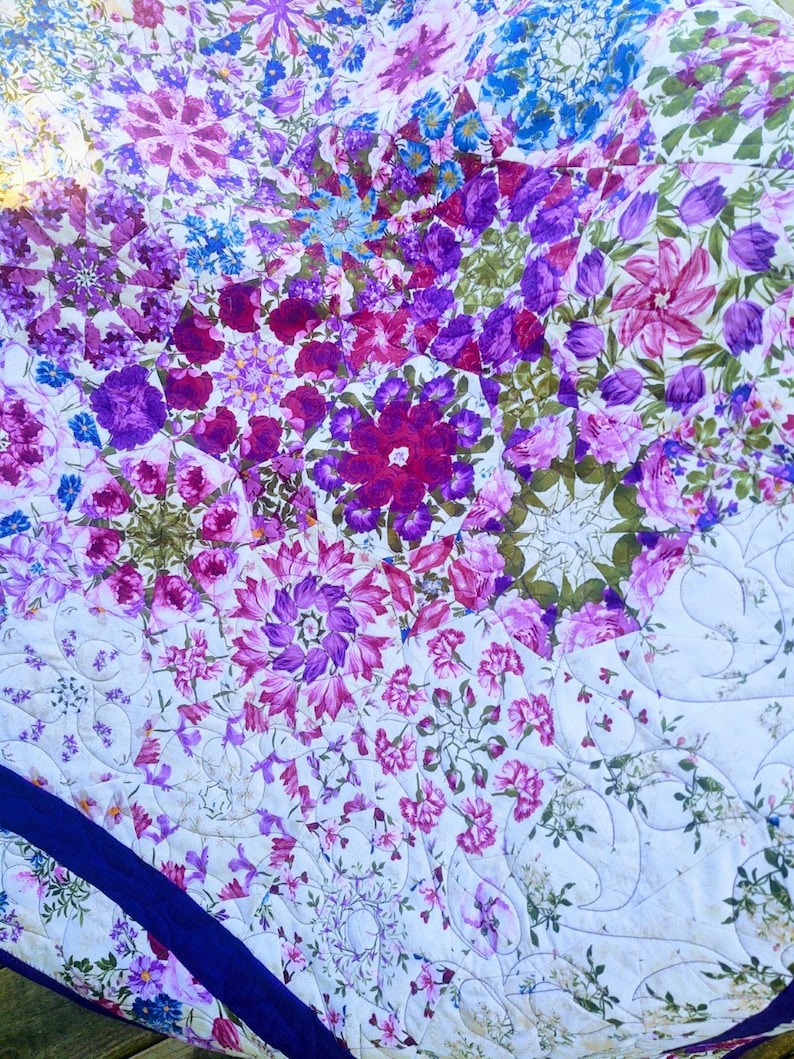 Floral Bed Quilt, Kaleidoscope Quilt, Finished Completed Handmade
