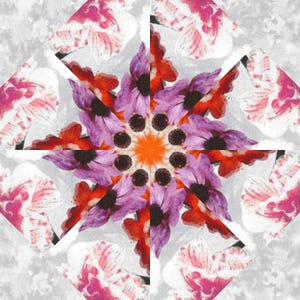 May include: A symmetrical floral design featuring a central starburst pattern with orange, purple, and red petals. The design is set against a light gray background with pink floral accents in the corners. The overall effect is a vibrant, artistic composition.