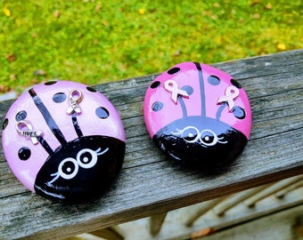 Breast Cancer Gift, Painted Ladybug Rock, Rock Painting. Rocks, Pink Breast Cancer Rock, Pet Rock